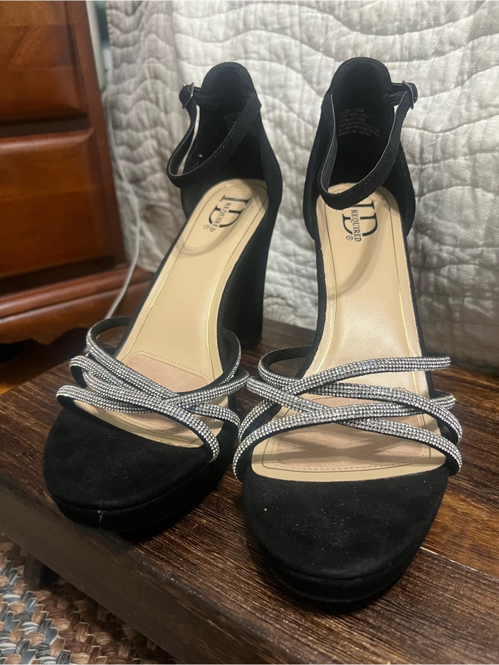 Black Suede Platform Heels with Silver Rhinestone Straps